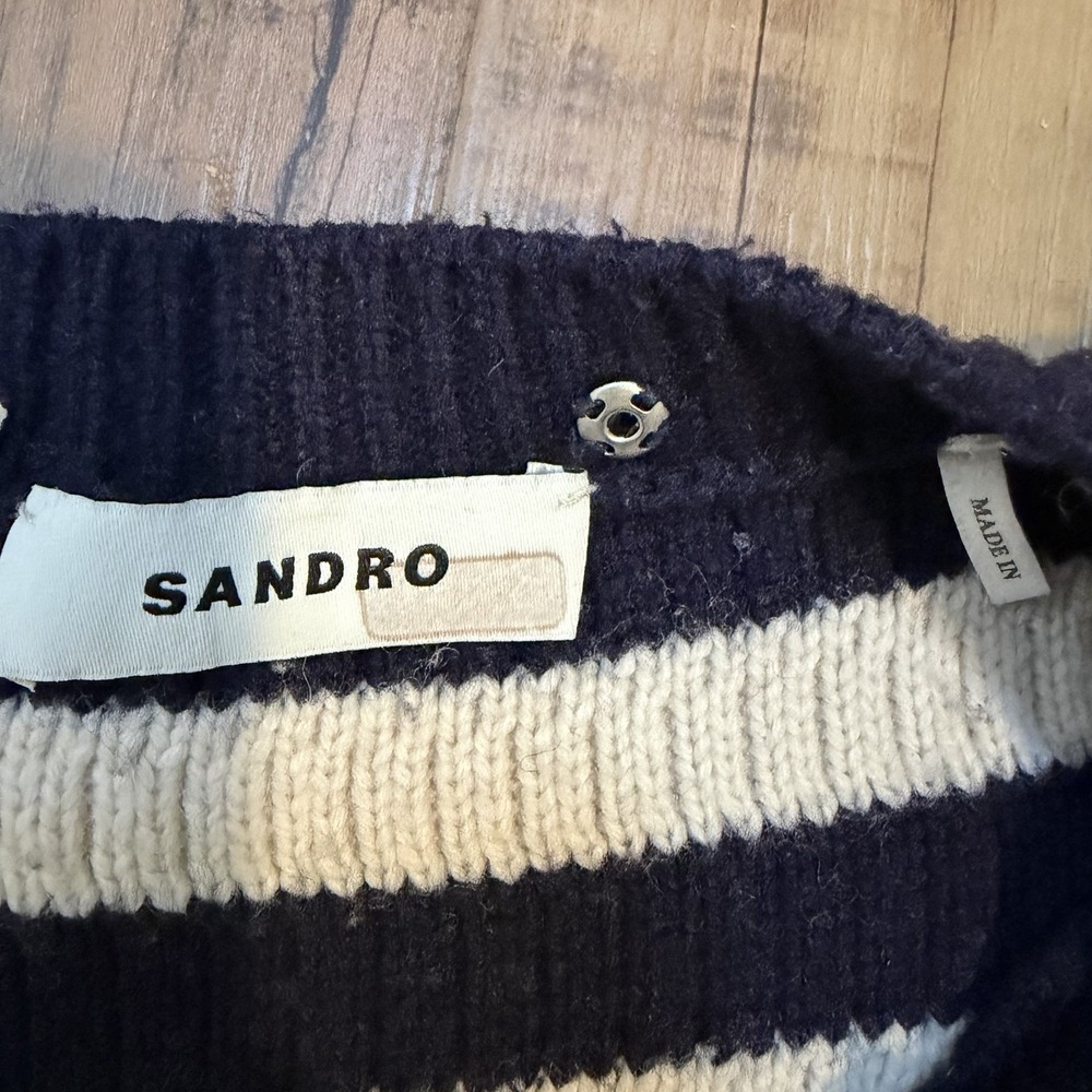 Sandro Paris Striped Breton Cardigan Sweater Jacket Black Ivory SZ 3/M Classic - Picture 7 of 14